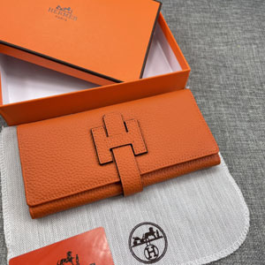 HERMES エルメススーパーコピー H型バックル 二つ折り長財布 牛革 オレンジ  006