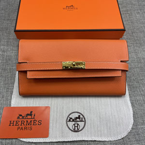 HERMES エルメス スーパーコピー ケリーウォレットロング 長財布 牛革 オレンジ ゴールド 093