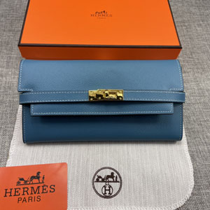 HERMES エルメス スーパーコピー ケリーウォレットロング 長財布 牛革 ブルー ゴールド 094