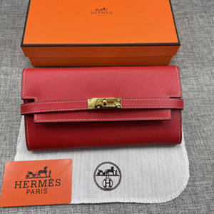 HERMES エルメス スーパーコピー ケリーウォレットロング 長財布 牛革 レッド ゴールド 099