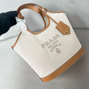 PRADA スーパーコピー プラダ リネンブレンドxレザー ミディアム トートバッグ ナチュラル（1BG471_2DLI_F0018_V_OAH）