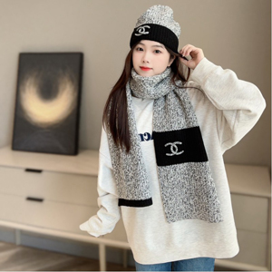 【CHANEL】シャネル スーパーコピー ロゴ ストール カシミヤ マフラー グレー＆ブラック（AAA147 B16970）