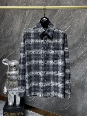 Chrome Hearts (クロムハーツ) 秋冬新作 長袖シャツ フルクロス柄 レザーパッチワーク グレーブルー