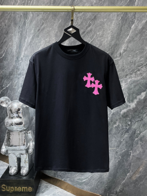 Chrome Hearts (クロムハーツ) 2025SS ピンククロス刺繍 ヘビーウェイトTシャツ（ブラック）
