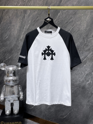 Chrome Hearts (クロムハーツ) 2025SS 新作 刺繍クロス＆レザーパッチ ラグラン プレミアムTシャツ（ホワイト）